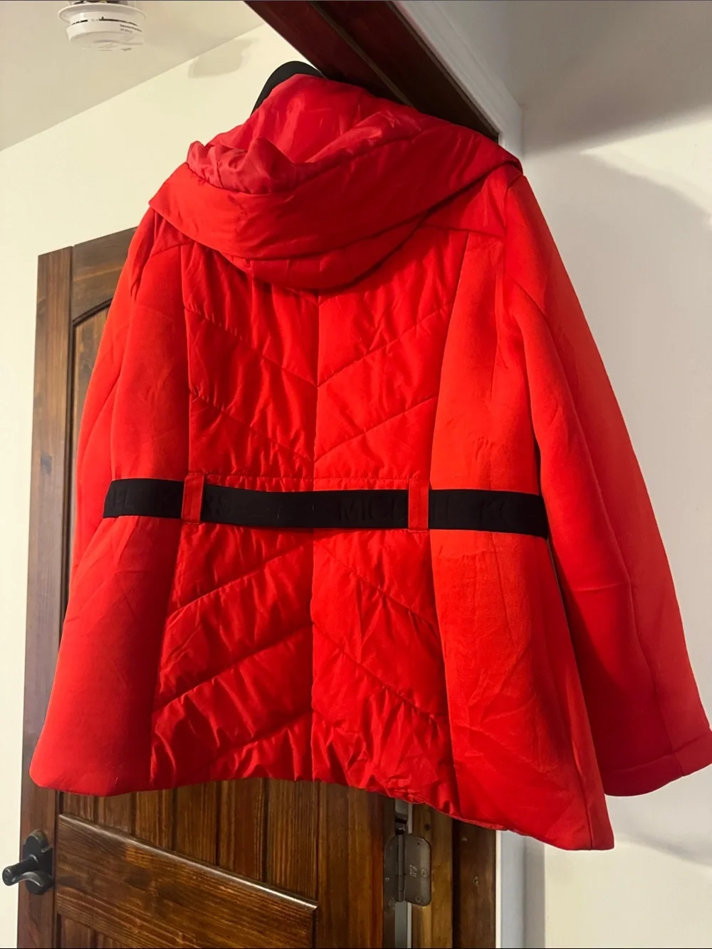 Michael Kors Red Hooded Puffer Jacket with Black Trim